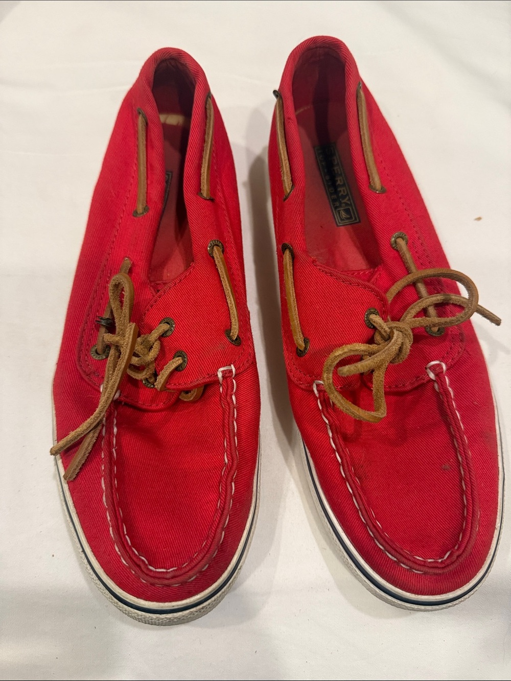 Sorry Red flag Canvas Boat Shoes with Brown Laces
